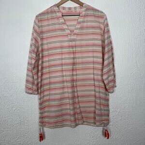 Fresh Produce Eva Tassel Tunic Top V-Neck Cotton Bright Coral Stripe Size M/L